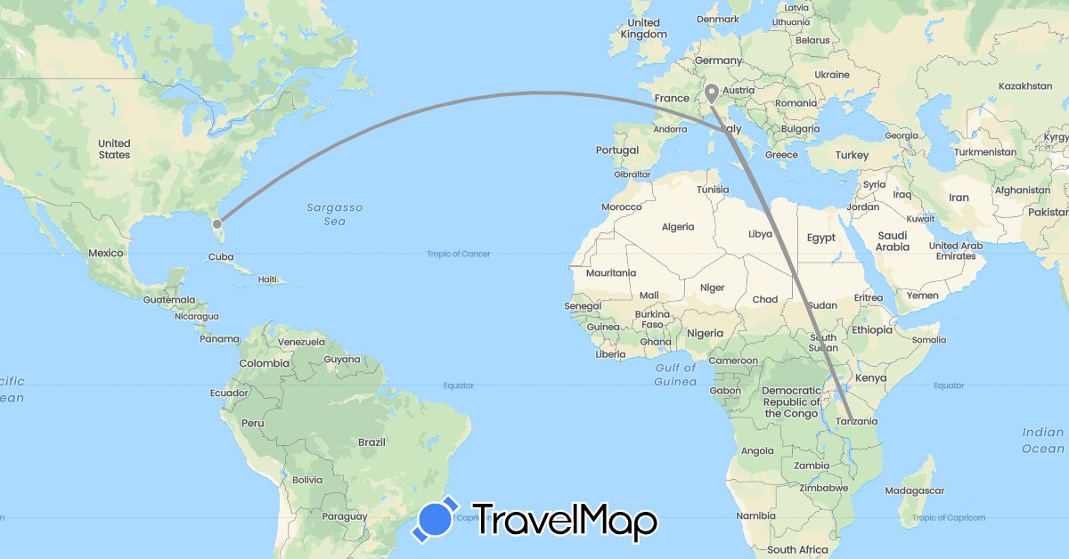 TravelMap itinerary: driving, plane in Italy, Tanzania, United States (Africa, Europe, North America)